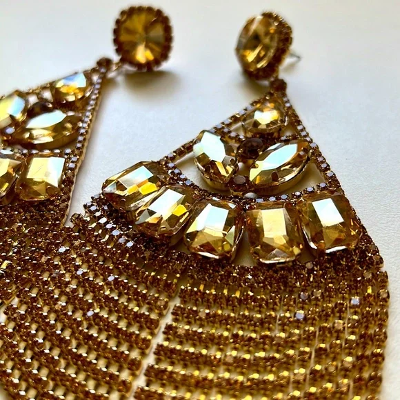 Huge gold sparkle rhinestone fancy large drop earrings - Picture 4 of 8